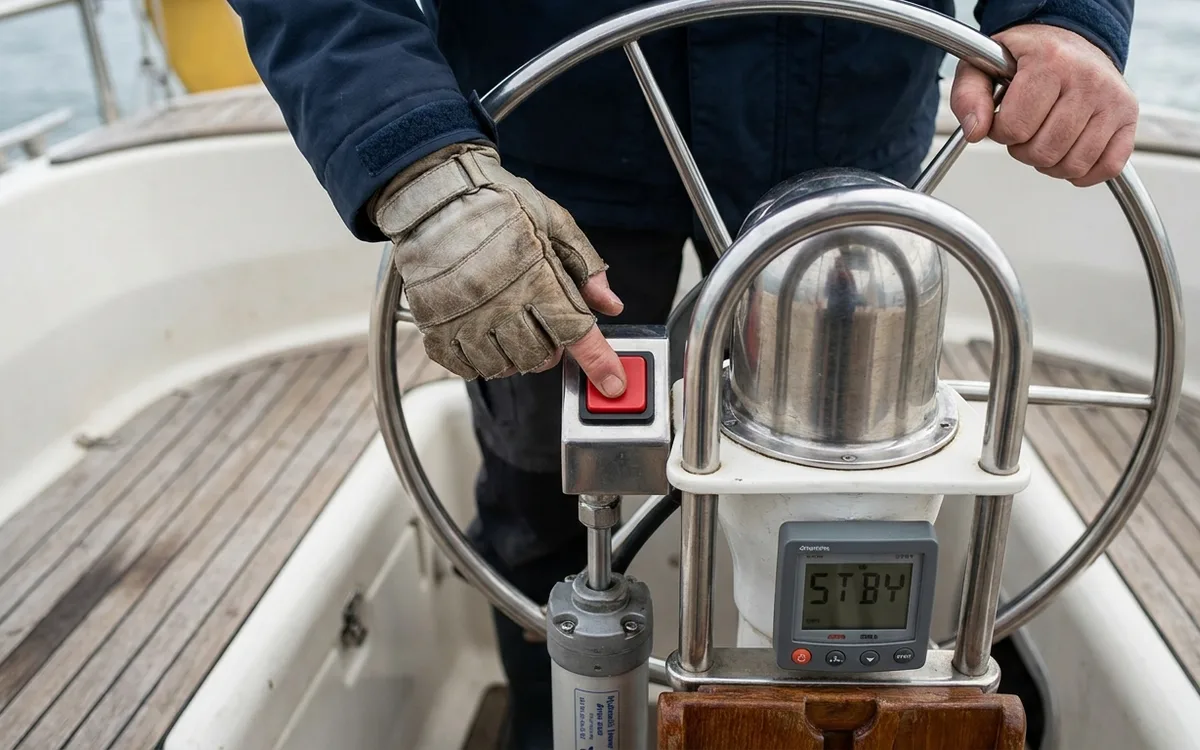 Hands disengage the autopilot at the standby control while holding the sailboat wheel ready to steer.