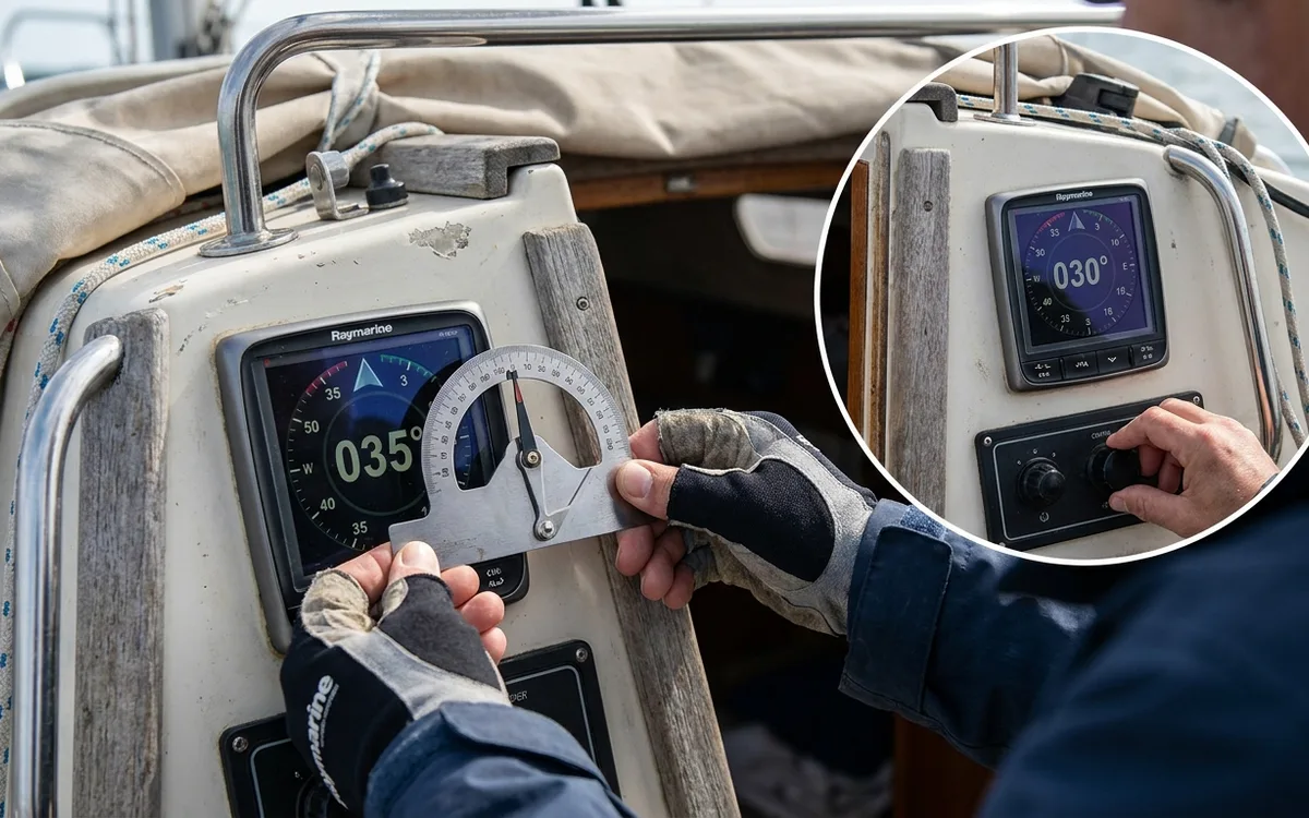 Hands compare apparent wind angle readings on both tacks at the Raymarine display before adjusting alignment.