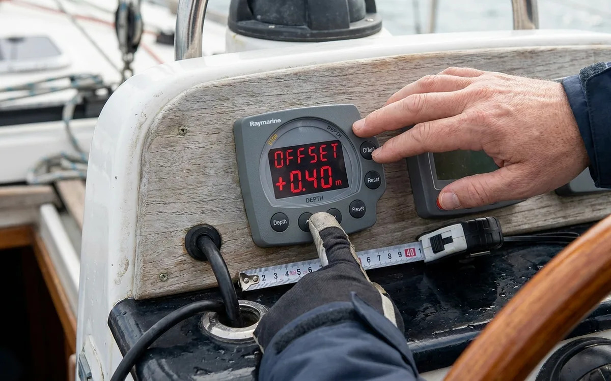 Hands select a positive 0.40 m waterline offset on an ST60 Depth master.