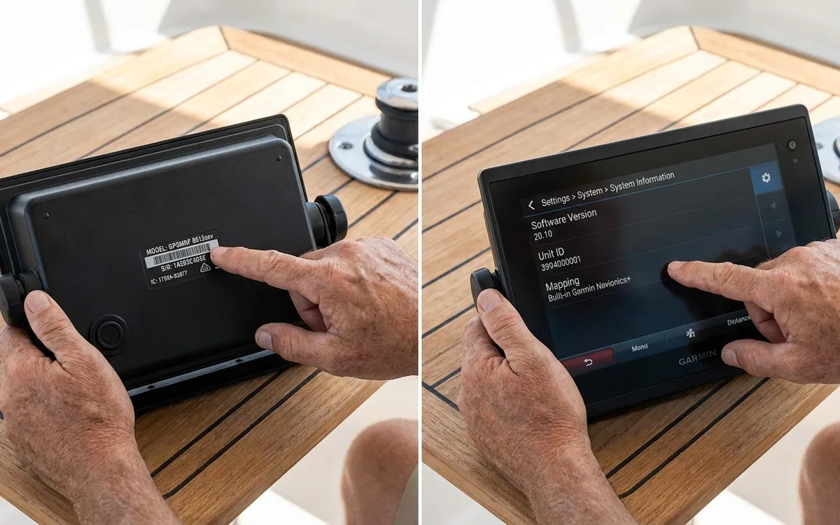 Hands check a Garmin unit’s model label and system information before choosing charts.