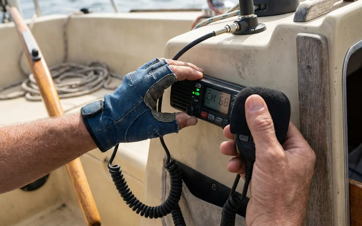 Hands make a brief VHF radio check on an agreed working channel at low power.