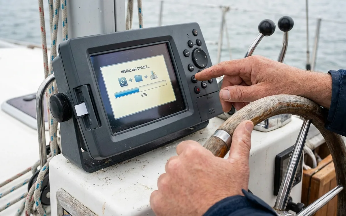 Hands accept a chartplotter software update while its microSD card stays inserted.