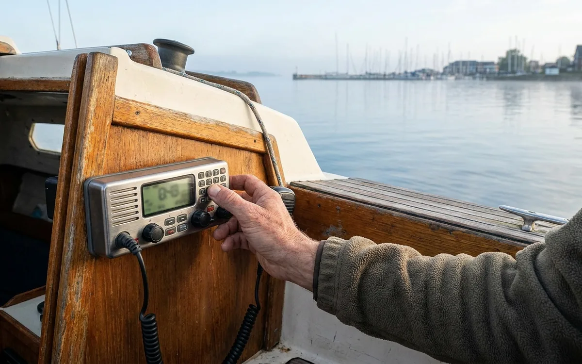 A hand uses a fixed VHF radio aboard a sailboat near a marina.
