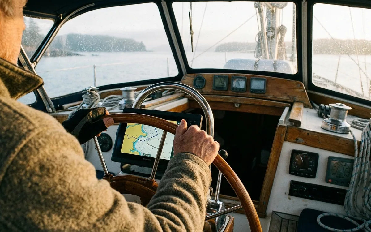 Hands at a sailboat helm checking a chartplotter route near the coast