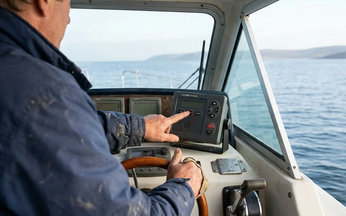 A sailor engages an autopilot while cruising steadily across calm water.
