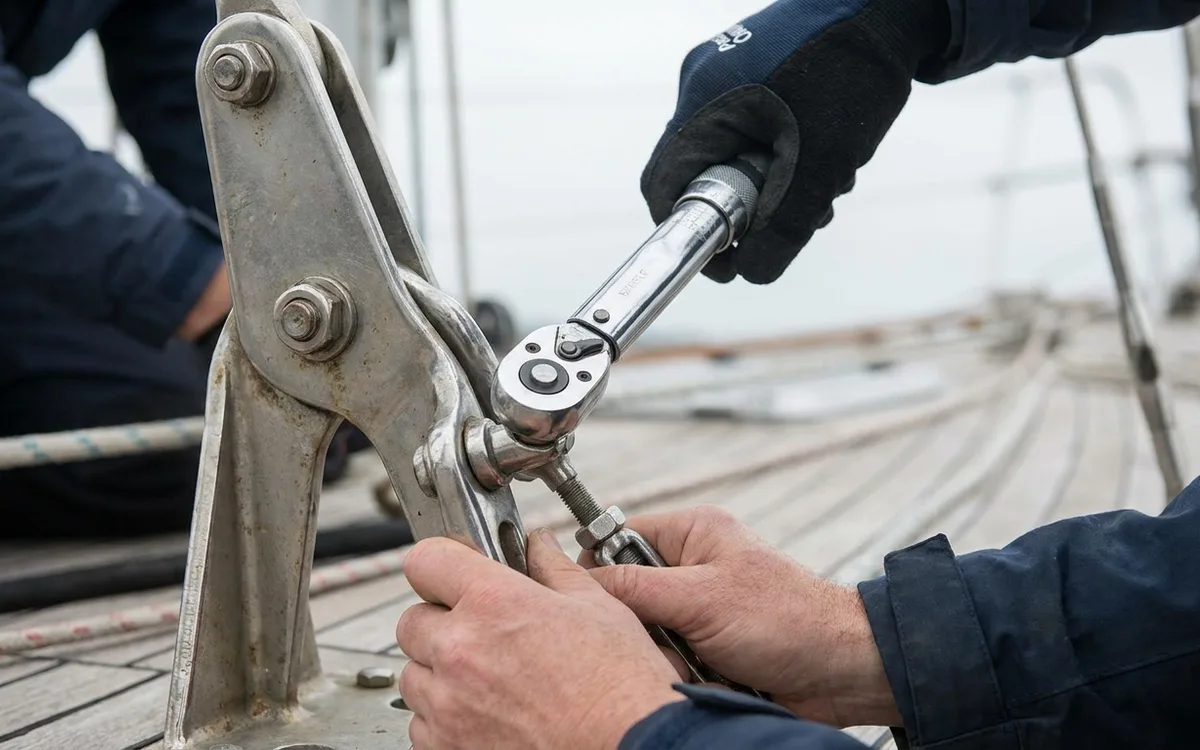 Hands use a torque wrench to check a cruising yacht’s chainplate fastener before an offshore passage.