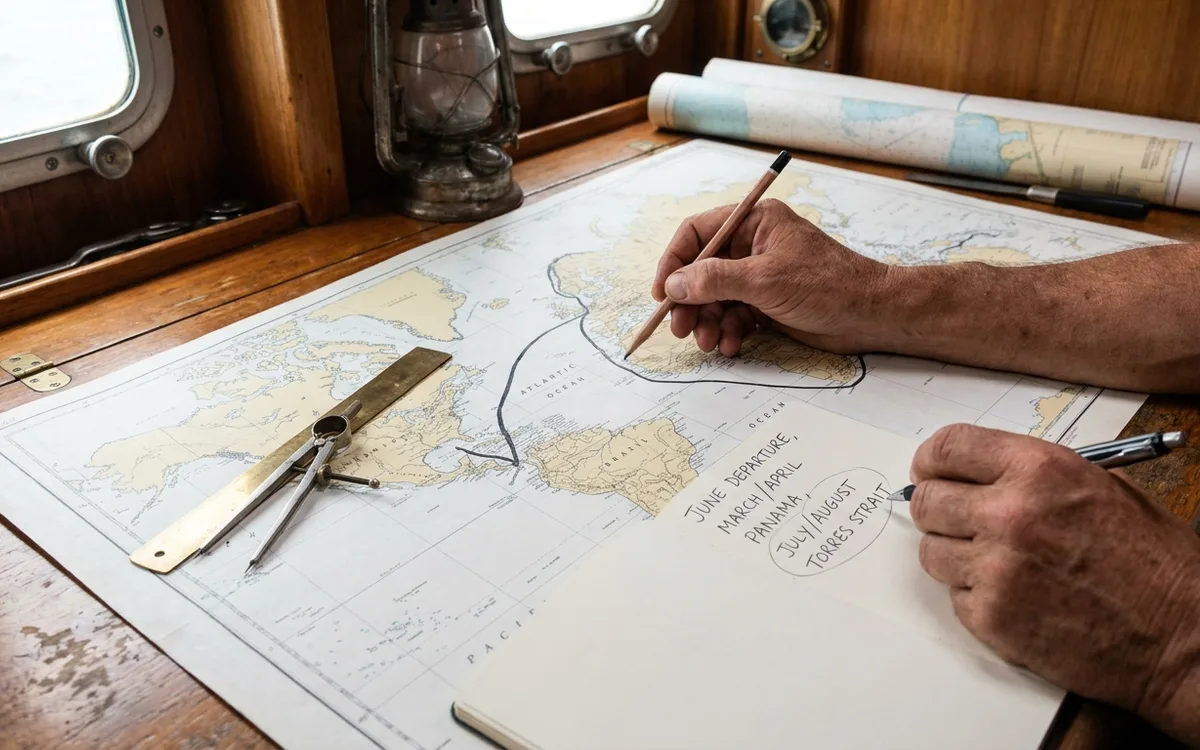 Hands plot a westabout circumnavigation and mark seasonal departure windows on a world chart.