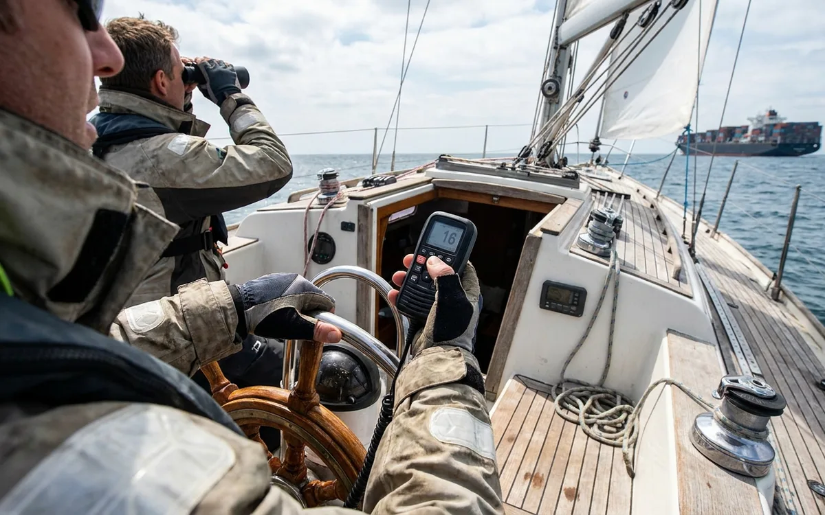 Sailboat crew calls an approaching ship on VHF while the helmsman keeps watch and steers.