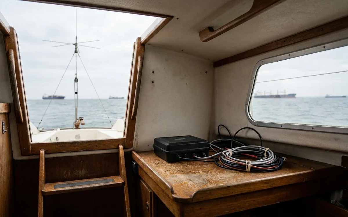 AIS transceiver aboard a leisure sailboat with commercial ships visible beyond