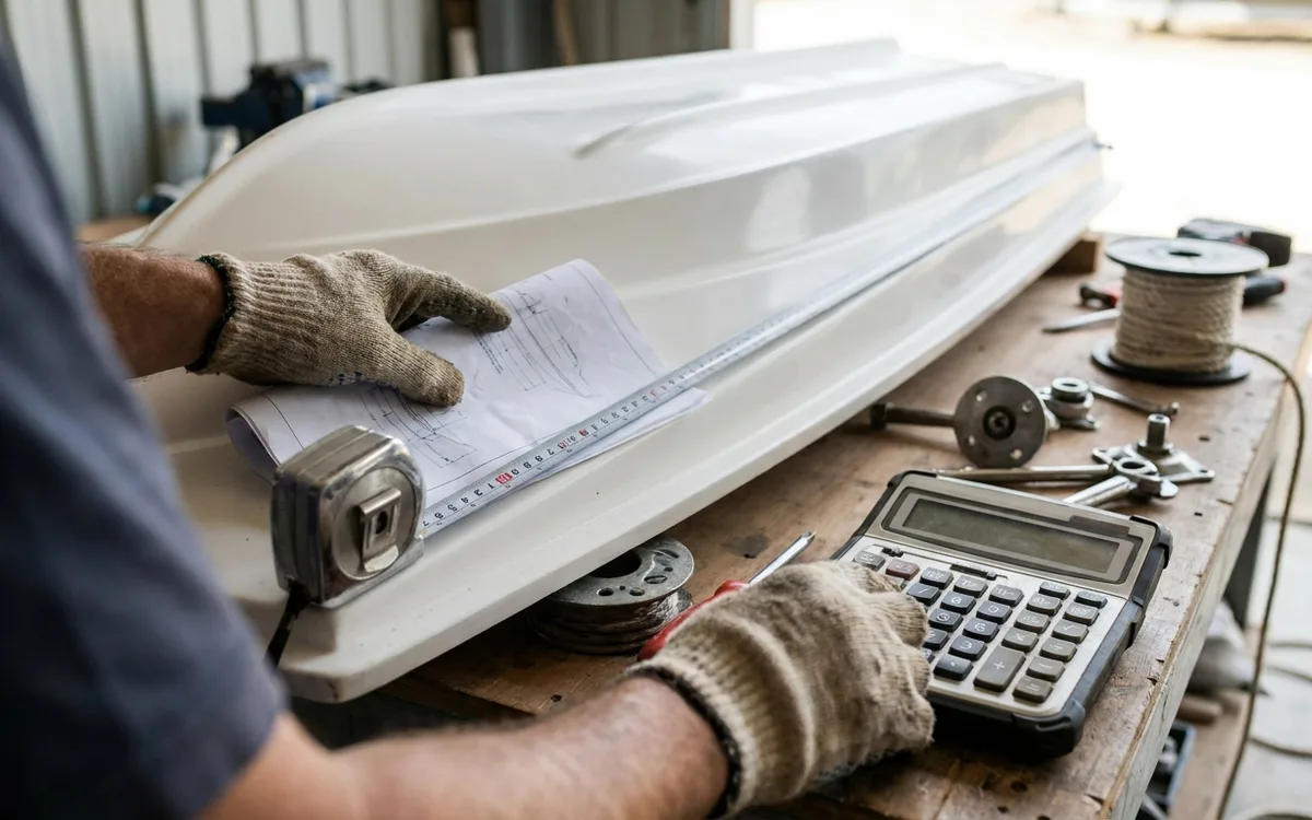 Hands check a planing boat’s documented hull length and engine power with a tape measure and calculator.
