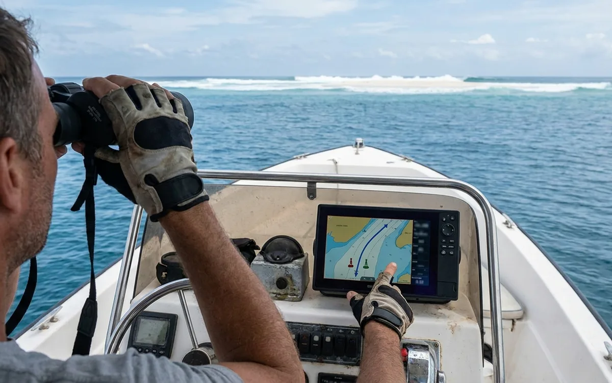 Skipper checks the bar entrance from safe water while following the charted channel on a plotter.