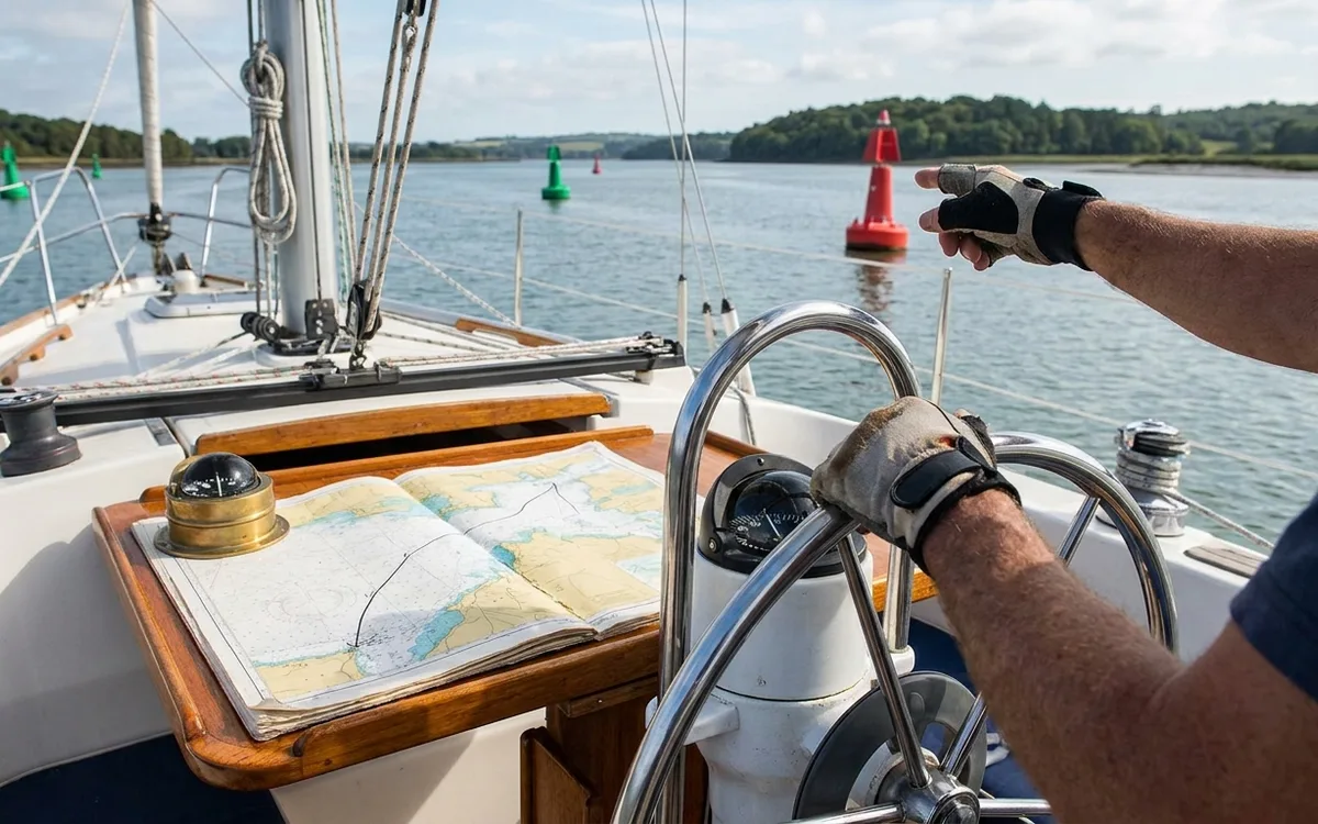 Helmsman follows a charted route through Tin Can Inlet, steering toward the next buoyed channel mark.