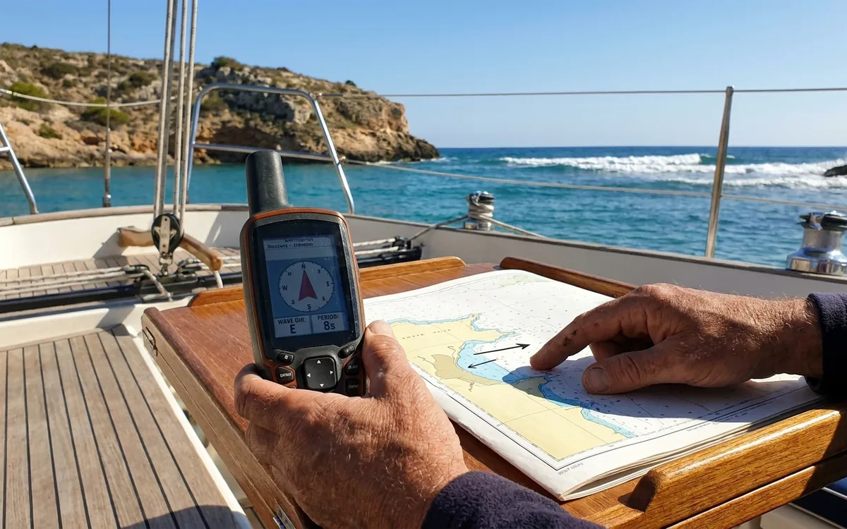 Hands compare swell direction with a chart to choose a cove sheltered from easterly waves.