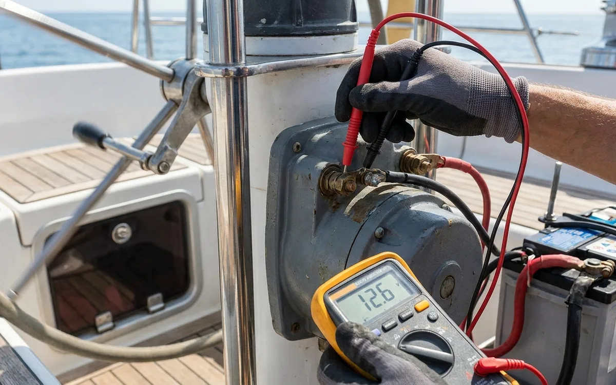 Hands measure voltage across autopilot supply terminals while the drive runs under load.