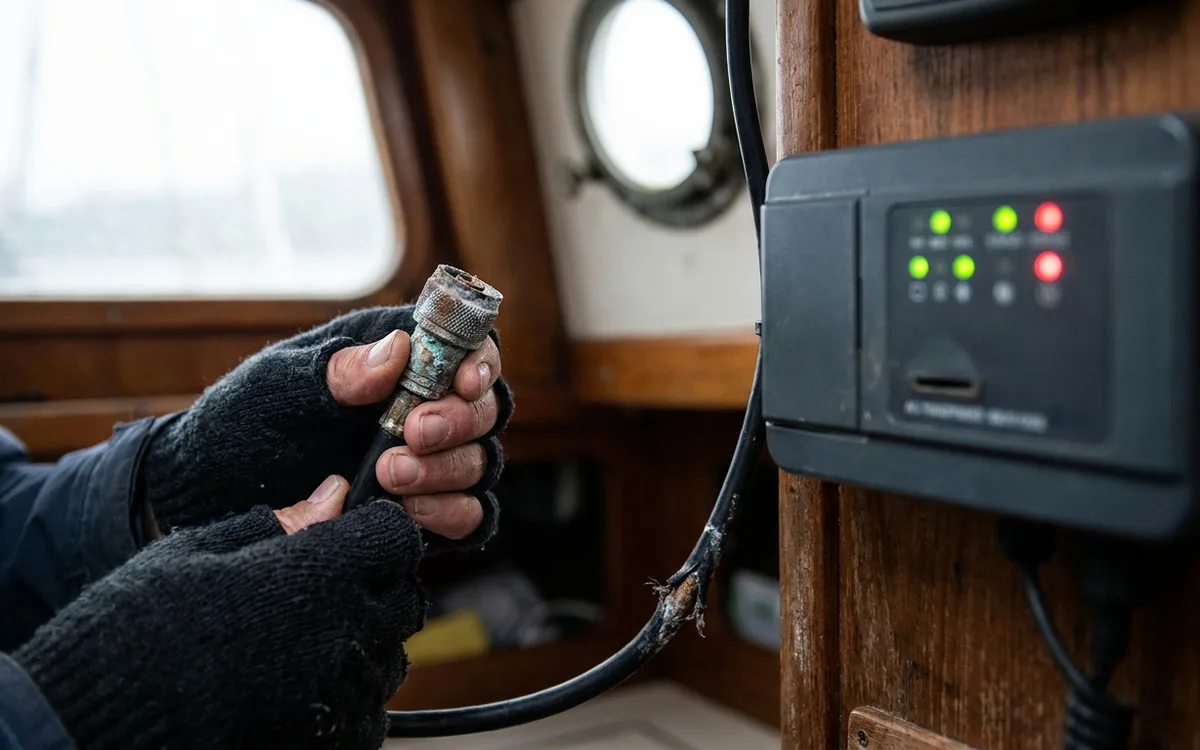 Corroded VHF coax connector beside an AIS transponder, illustrating a transmission path fault.