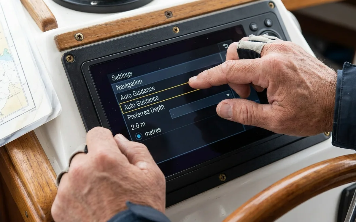 Hands check the Garmin 922x Auto Guidance Preferred Depth setting in metres.