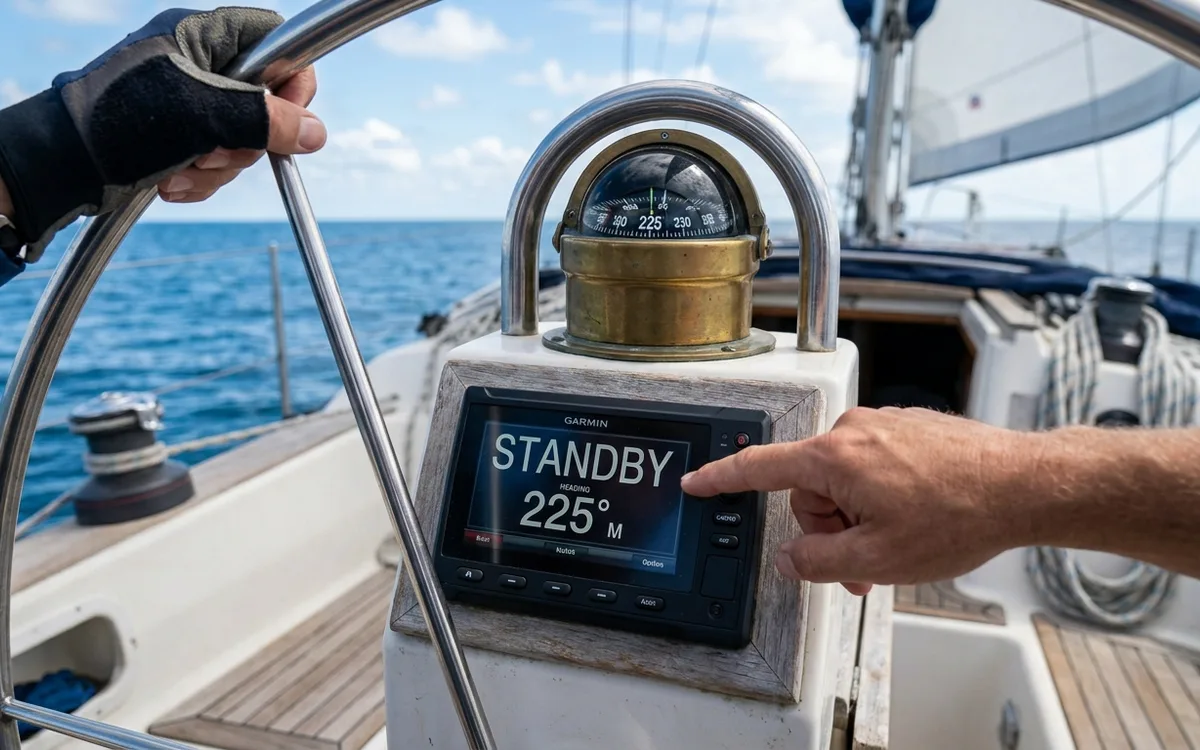 At the helm, a boater compares the Garmin autopilot heading with the steering compass on a steady course.