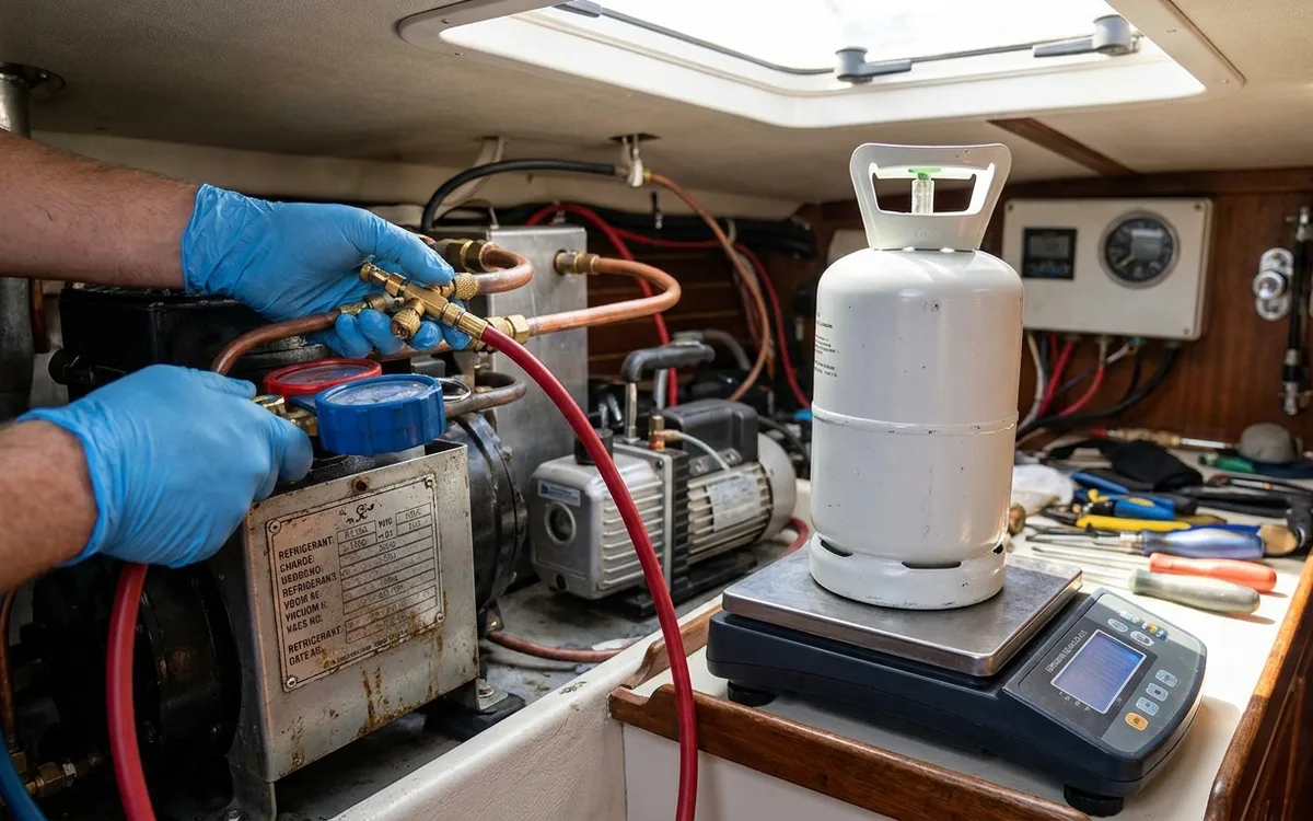An engineer weighs the specified refrigerant charge into a repaired boat fridge circuit.