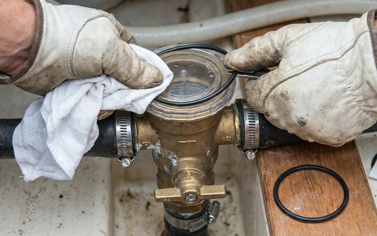 Hands clean a marine toilet strainer lid groove and seat its O-ring flat and untwisted.