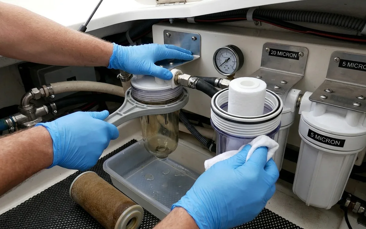 Hands support the filter bracket and loosen a sediment-prefilter bowl with a spanner over a drip tray.