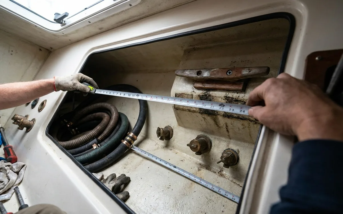 Hands measure a boat locker opening and tank space before choosing a sewage holding tank.