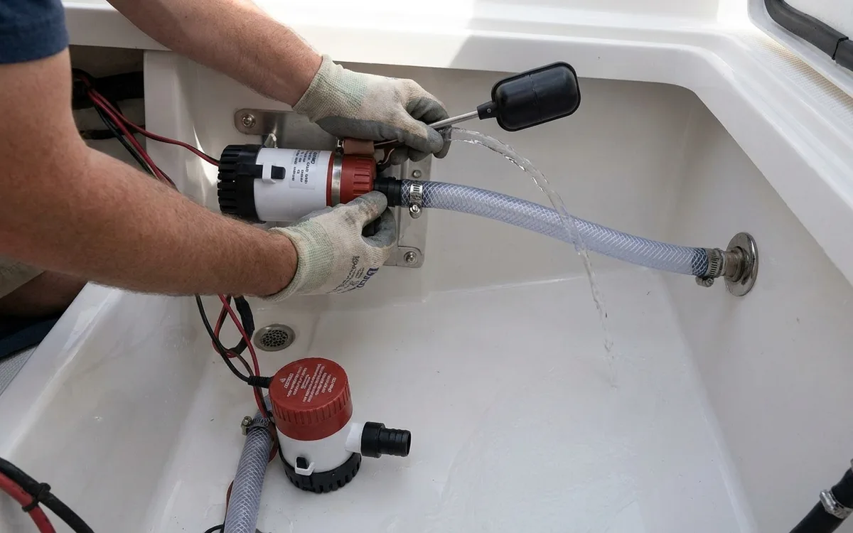 Hands test the higher backup bilge pump by lifting its separate float switch as water flows through its own hose.