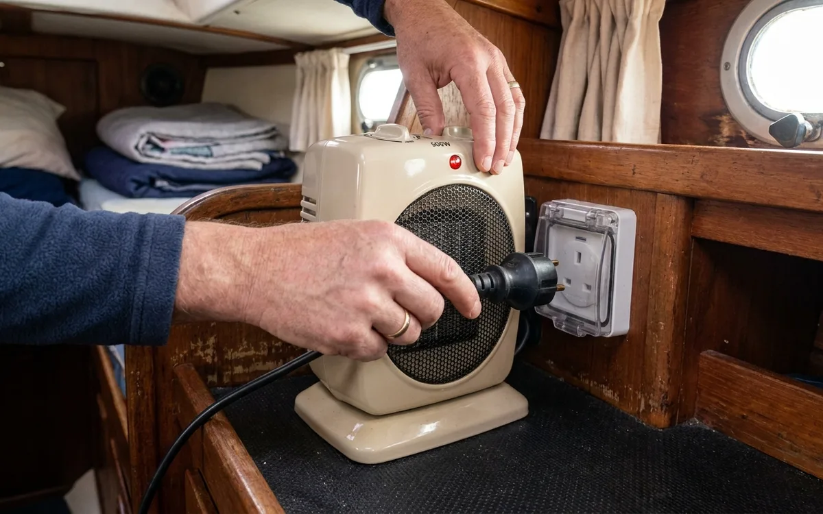 Hand sets a ceramic fan heater to 500W, plugged directly into a shore-power socket and clear of bedding.