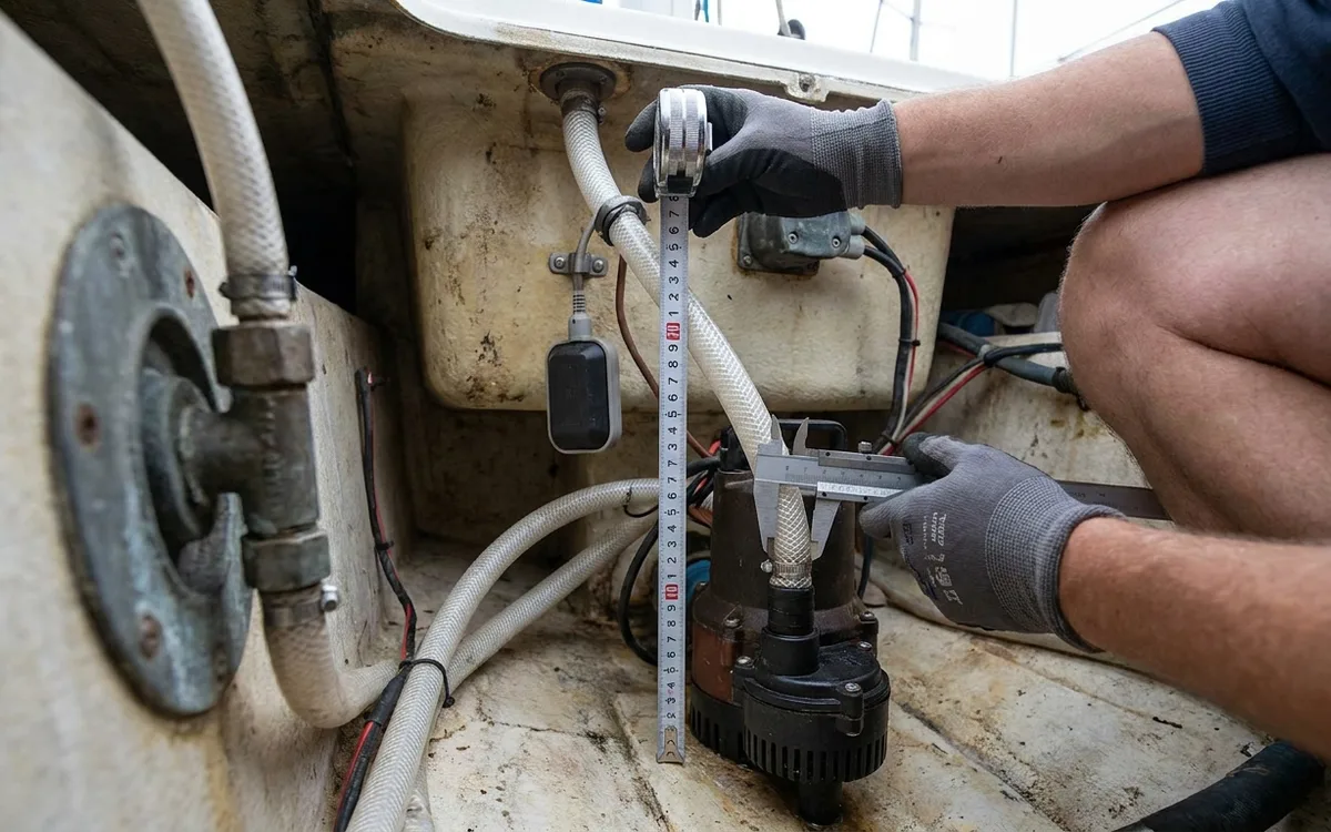 Hands measure bilge pump discharge height and hose diameter beside the accessible pump position.