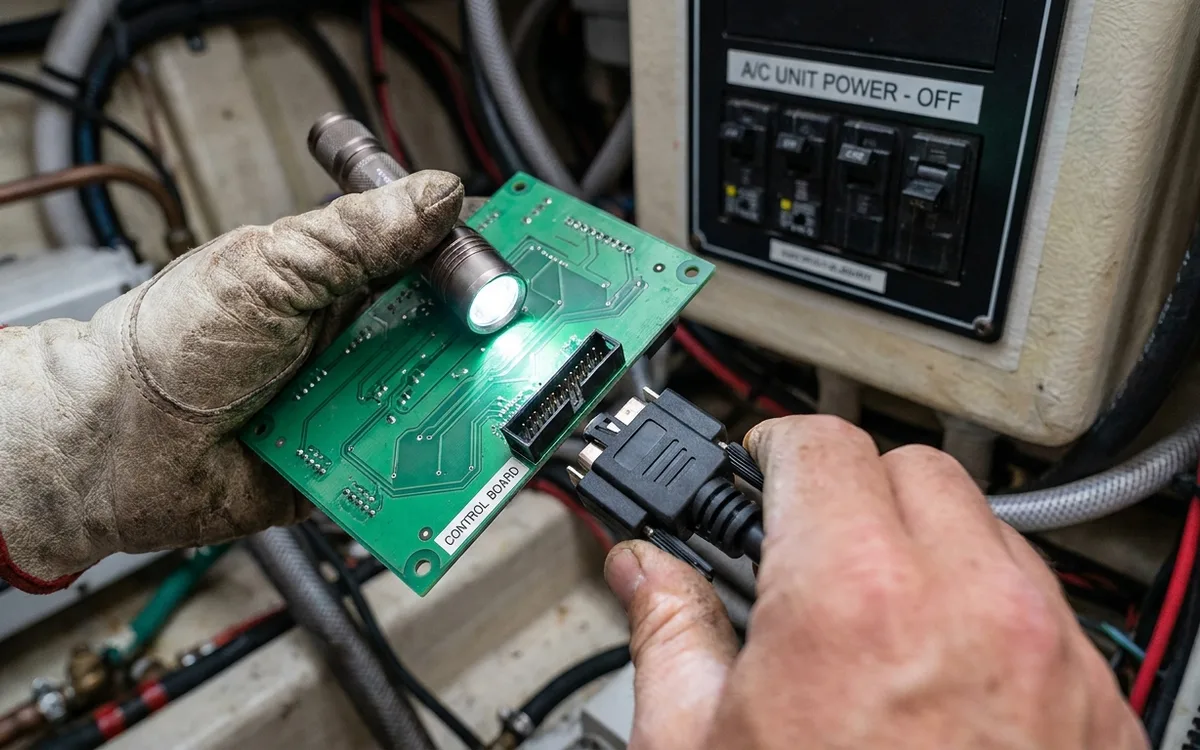 Hands reconnect the air-conditioning display cable to the control board with power isolated.
