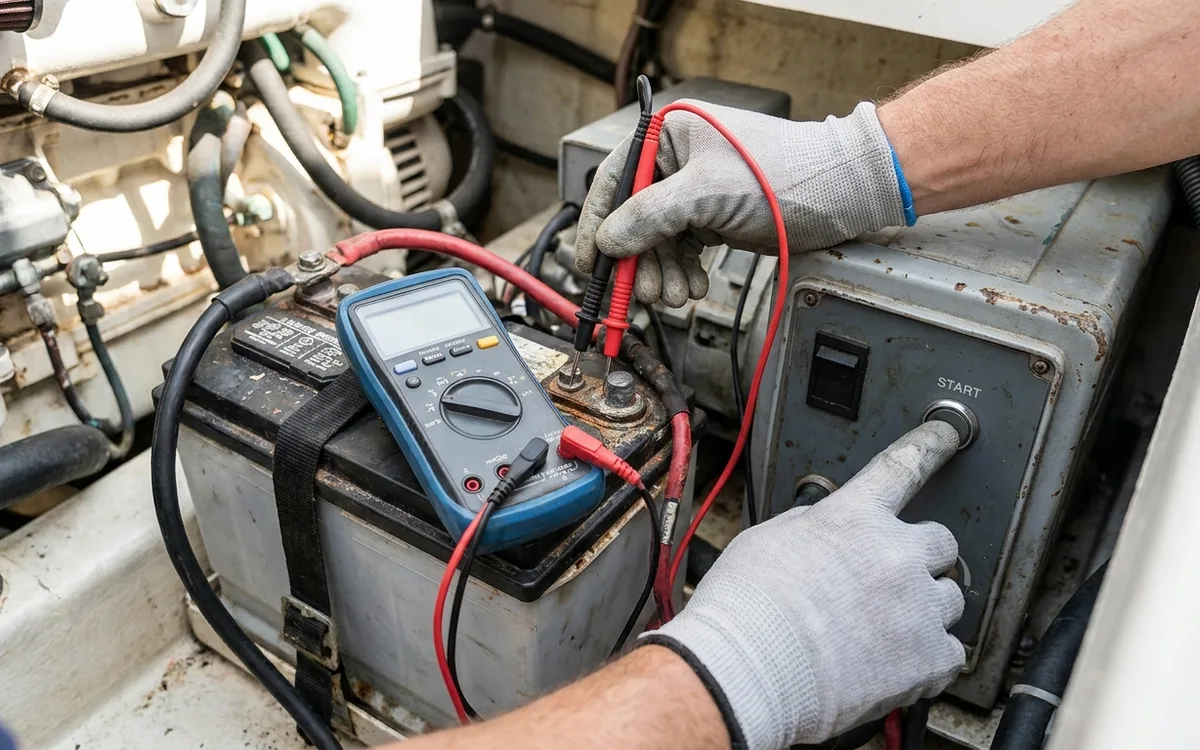 Hands measure voltage directly across generator battery posts while pressing Start.