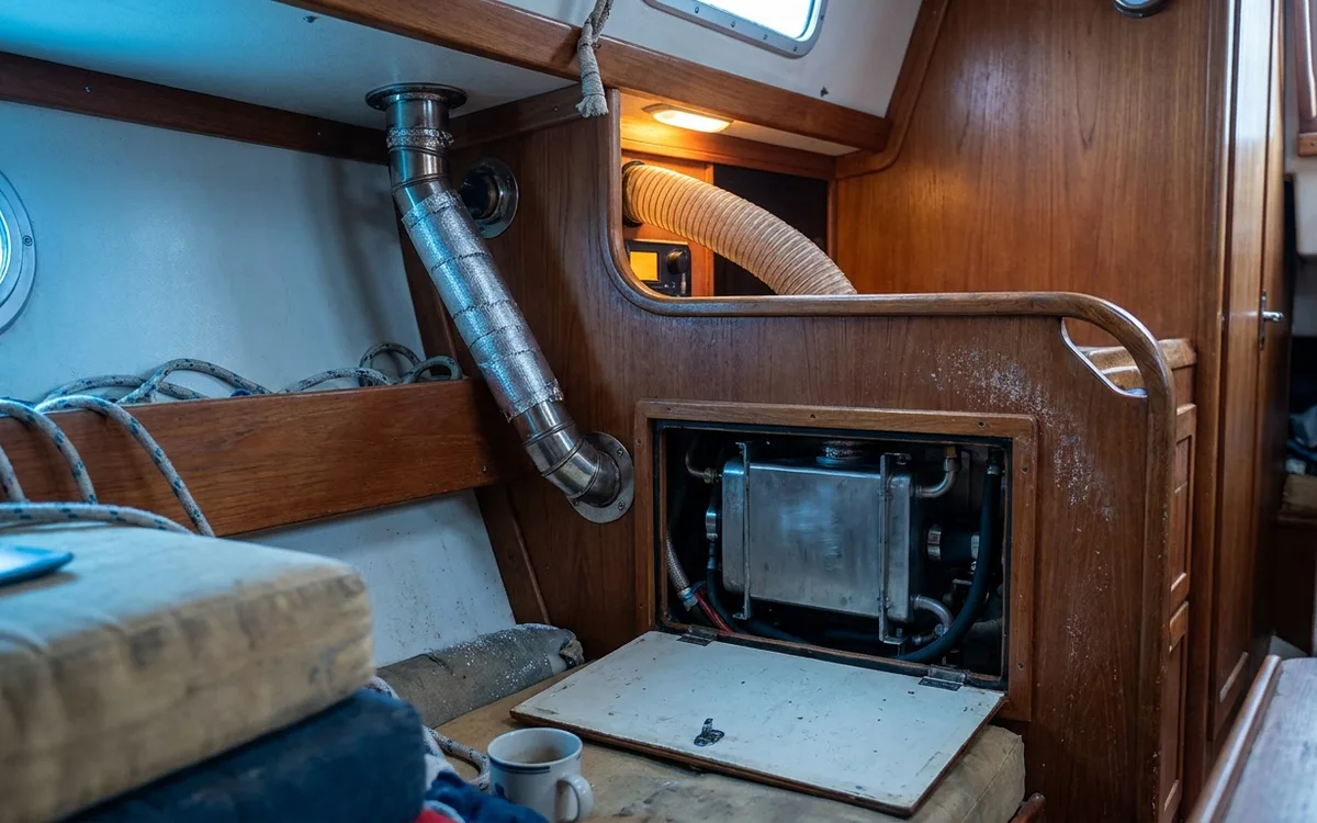 Marine diesel heater beneath a sailboat settee, with insulated exhaust pipe and warm-air duct visible.