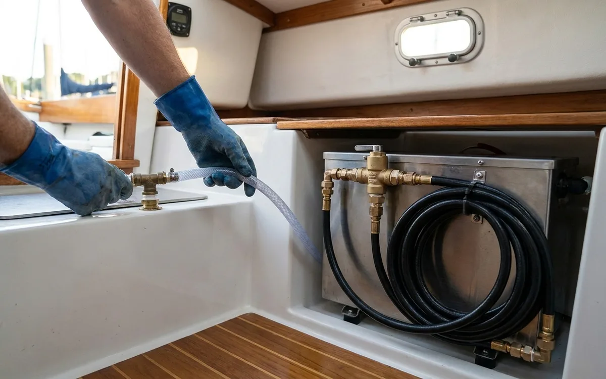Gloved hands flush a boat watermaker with freshwater before preservation.