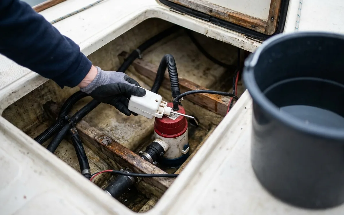 A hand lifts the bilge pump float switch beside the pump and discharge hose.