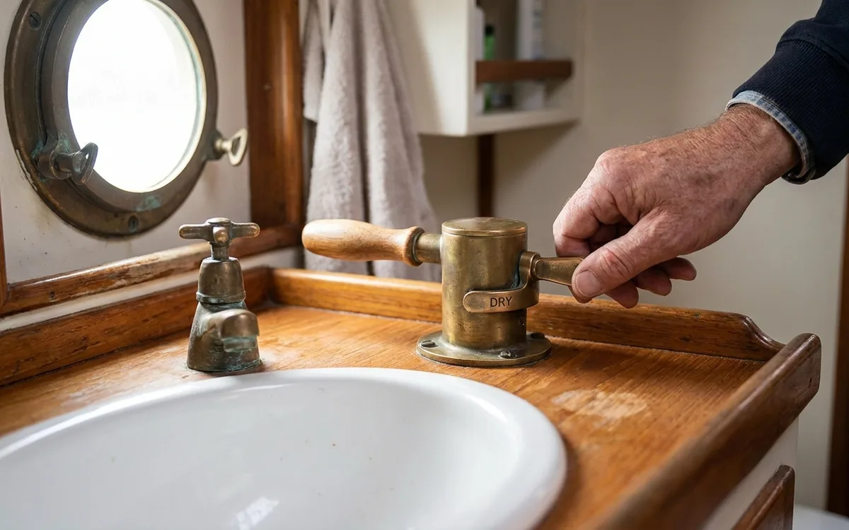 A hand switches a manual marine toilet to dry-bowl mode beside the pump handle.