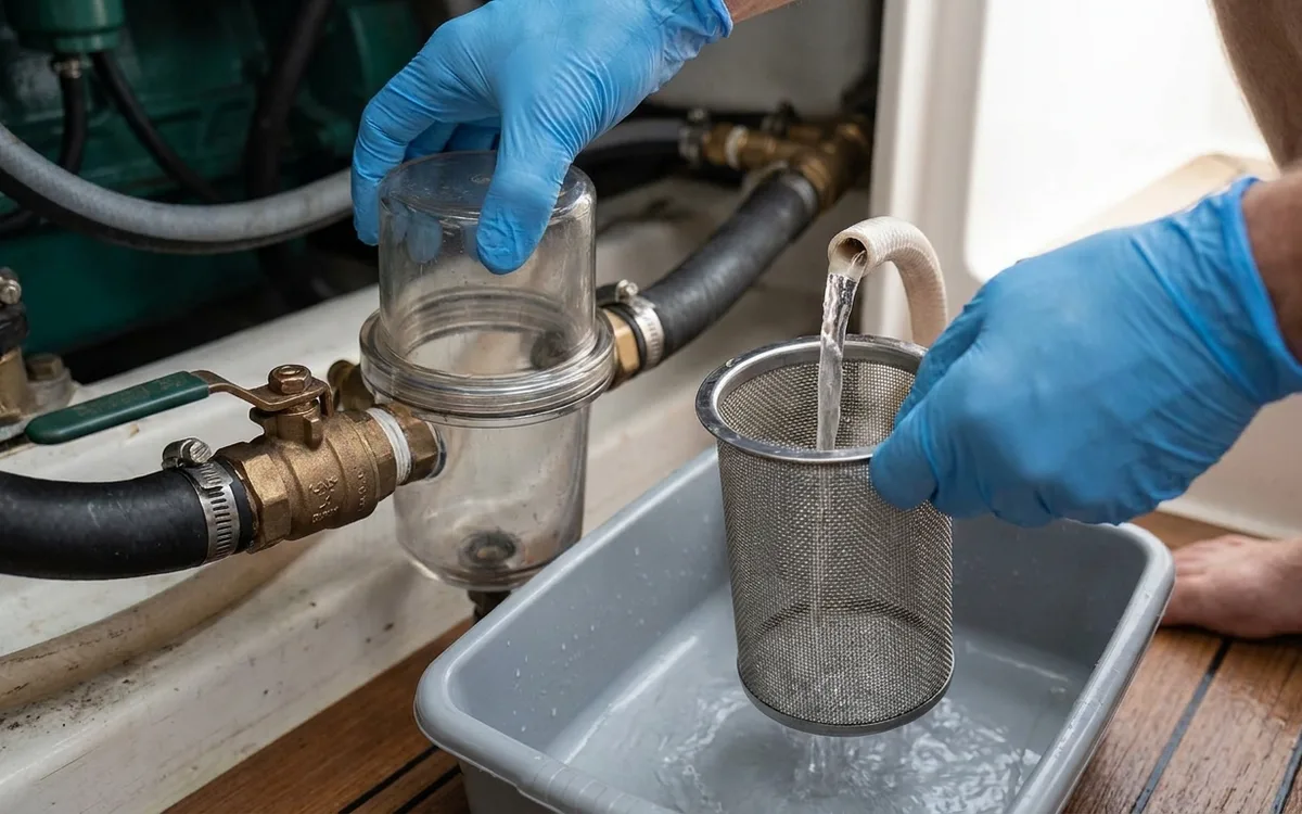 Gloved hands rinse weed and sediment from a boat watermaker’s strainer basket after closing the seacock.