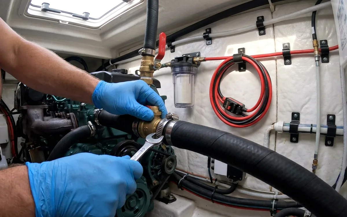 Hands secure a seawater hose to a watermaker feed pump with the shutoff valve within reach.