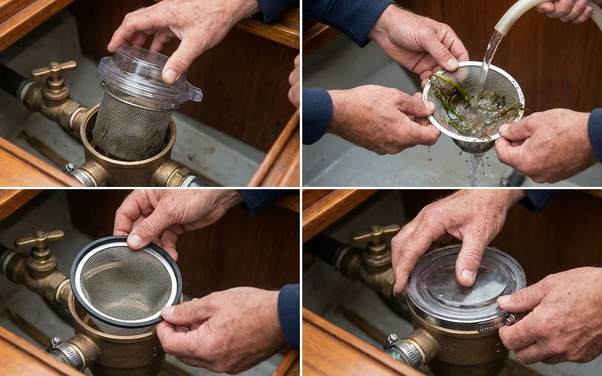 Hands rinse debris from a watermaker seawater strainer screen with the inlet seacock closed.