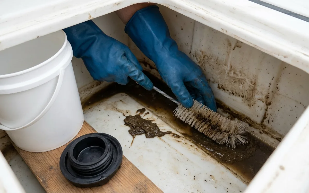 Gloved hands scrub sediment from a boat’s drained freshwater tank with a cleaning brush.
