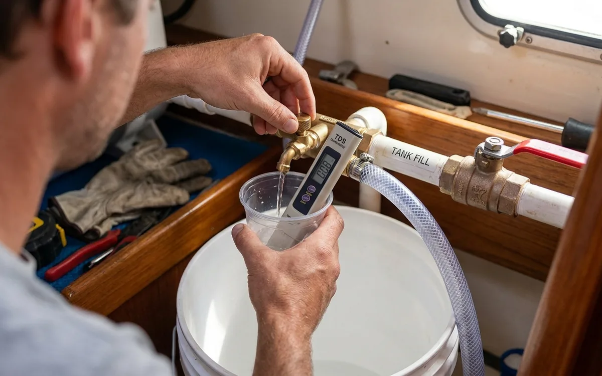Hands test stabilized water at a marine watermaker tap with a TDS meter while the outlet is routed to waste.
