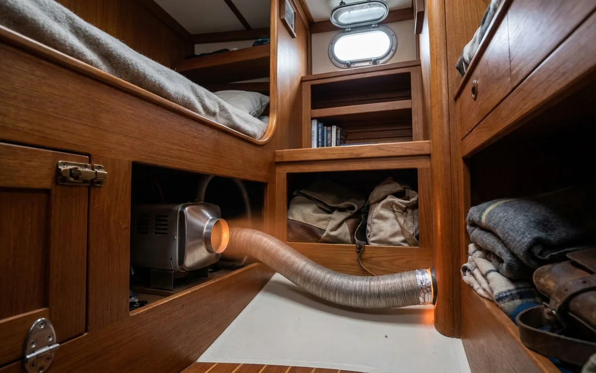 Marine diesel heater and warm-air duct installed low in a yacht cabin
