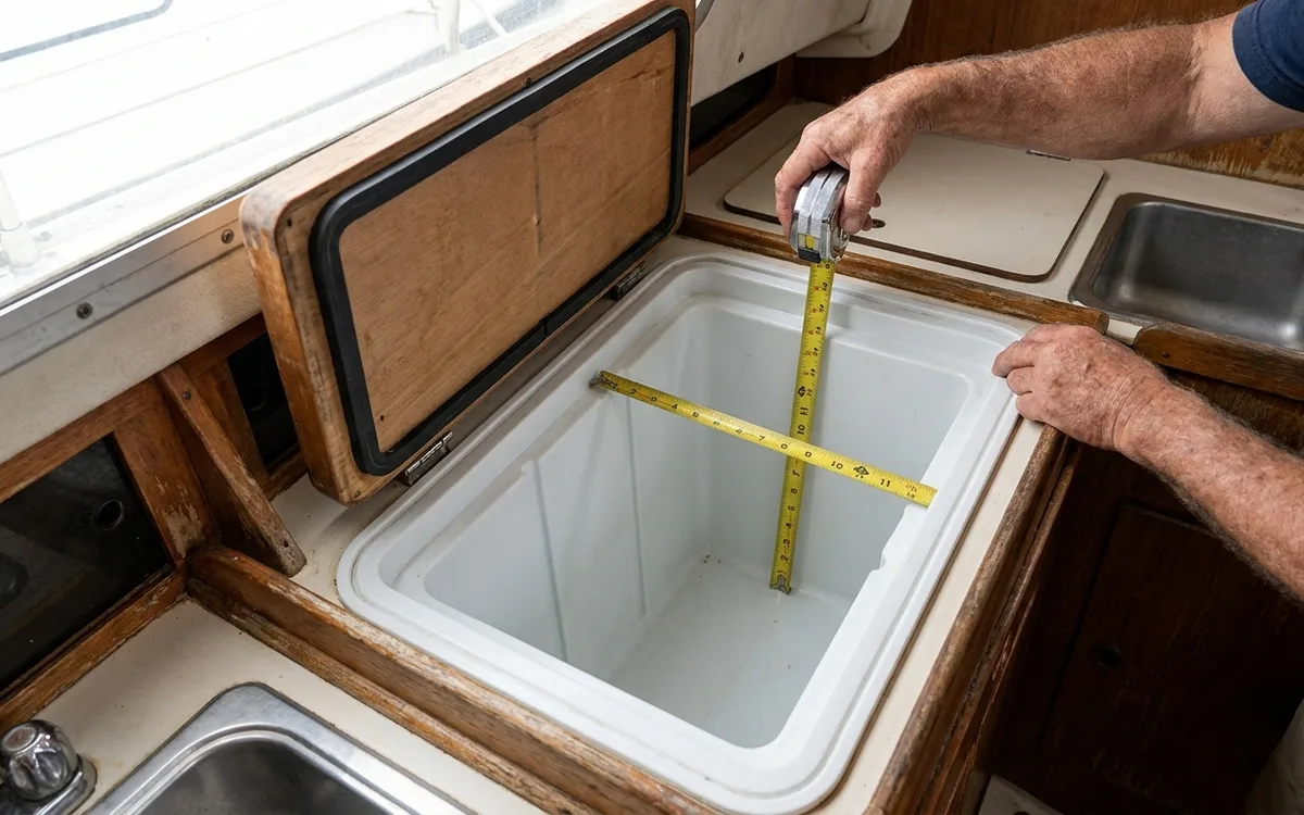 Hands measure the usable width and depth inside an insulated boat refrigerator box.