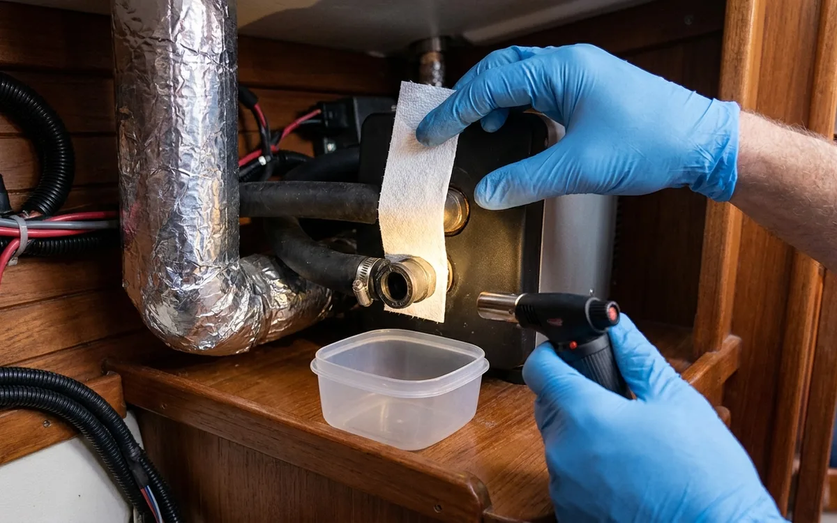 Hands dry a cold heater hose joint and wrap it with white paper to locate a leak.