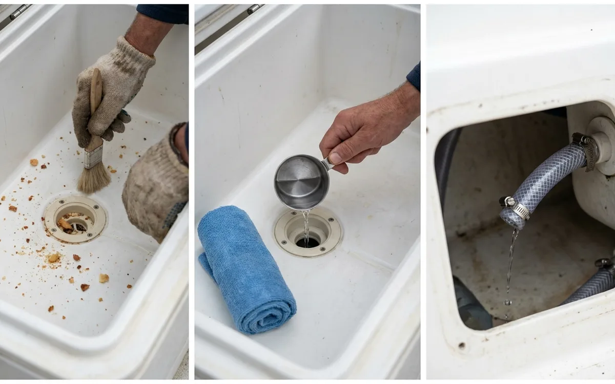 Hands clear a boat fridge drain with a soft brush and test it with a small pour of water.