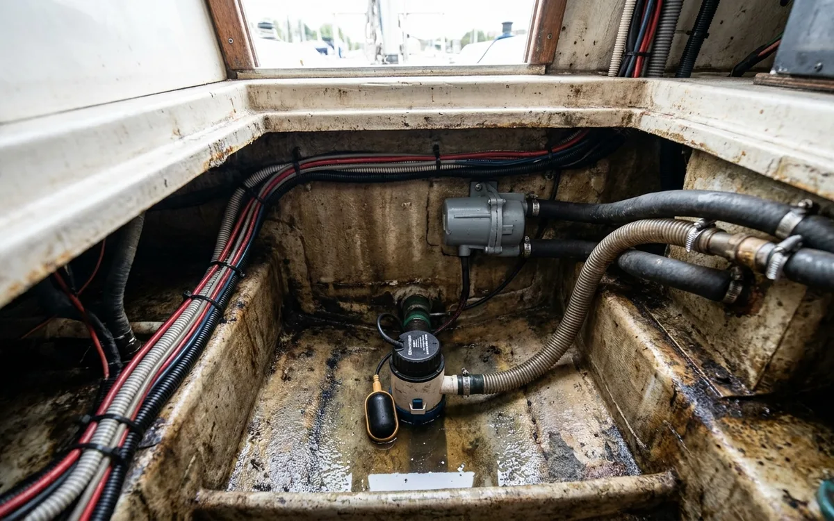 Small bilge pump in the sump with a larger backup pump mounted higher above it.