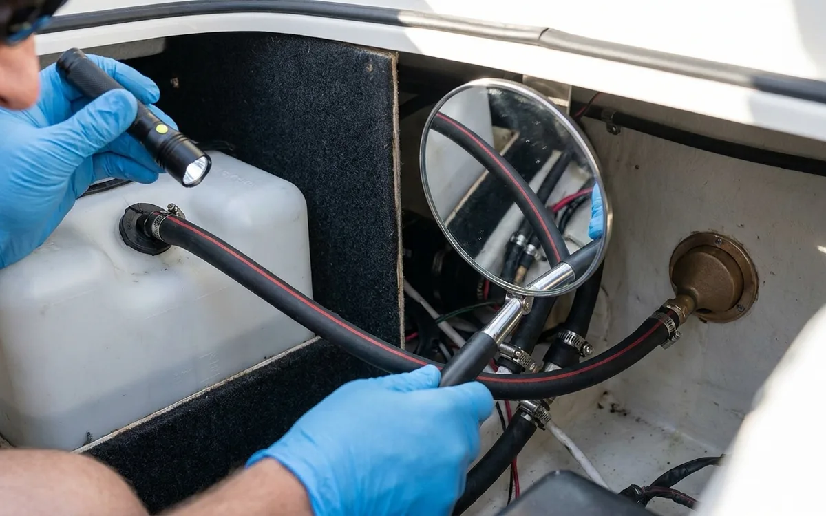 Hands use a torch and mirror to trace a small striped hose from the tank toward its vent fitting.