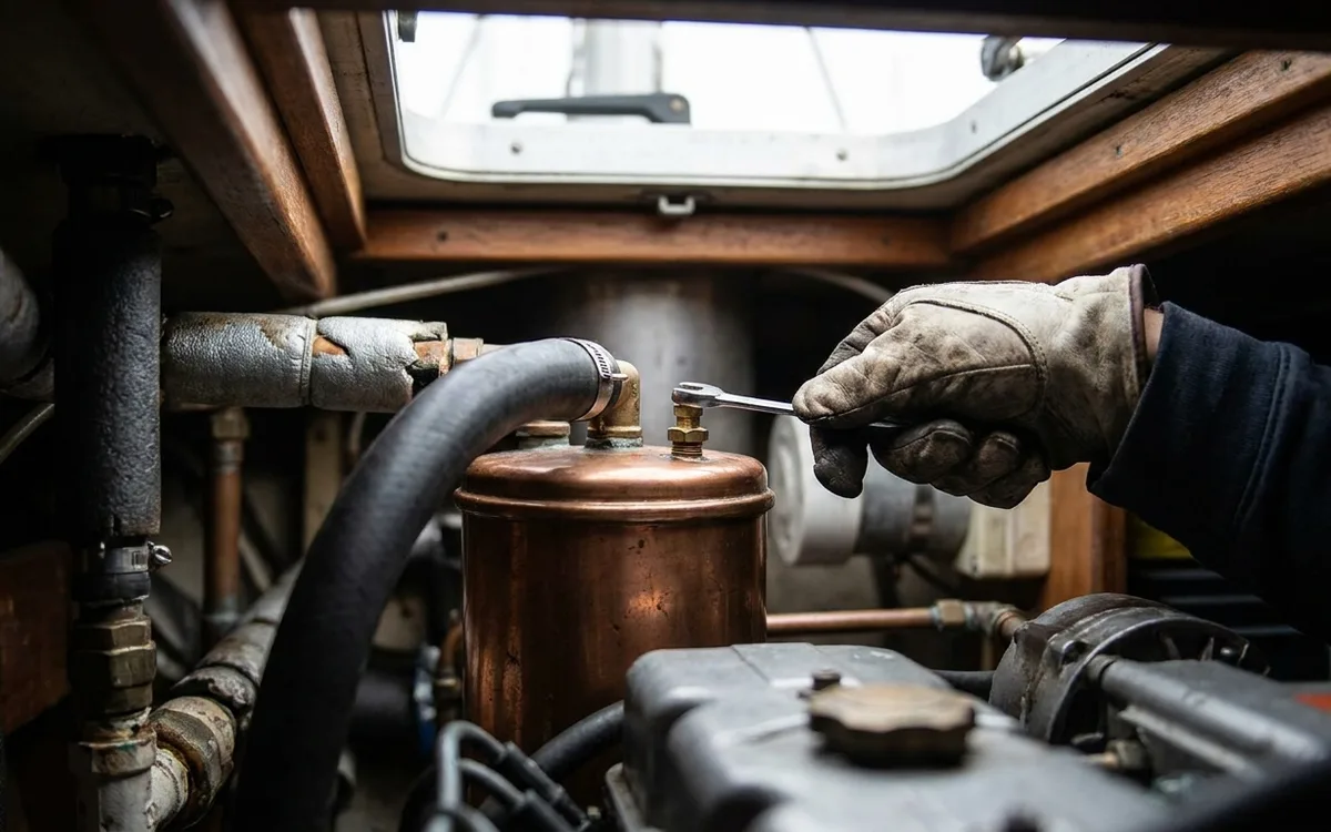 Small brass bleed screw beside the coolant inlet hose on a marine water heater.