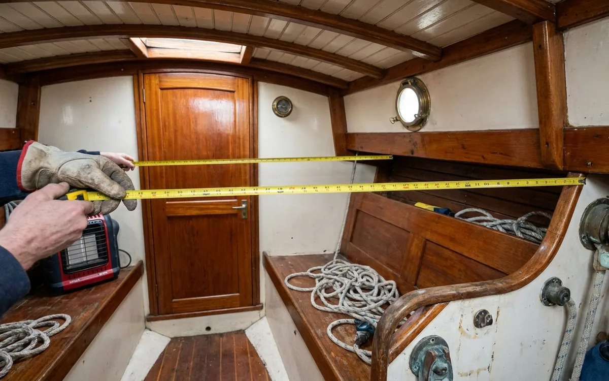 Hands measure the length and width of a sailboat saloon to estimate its heated volume.