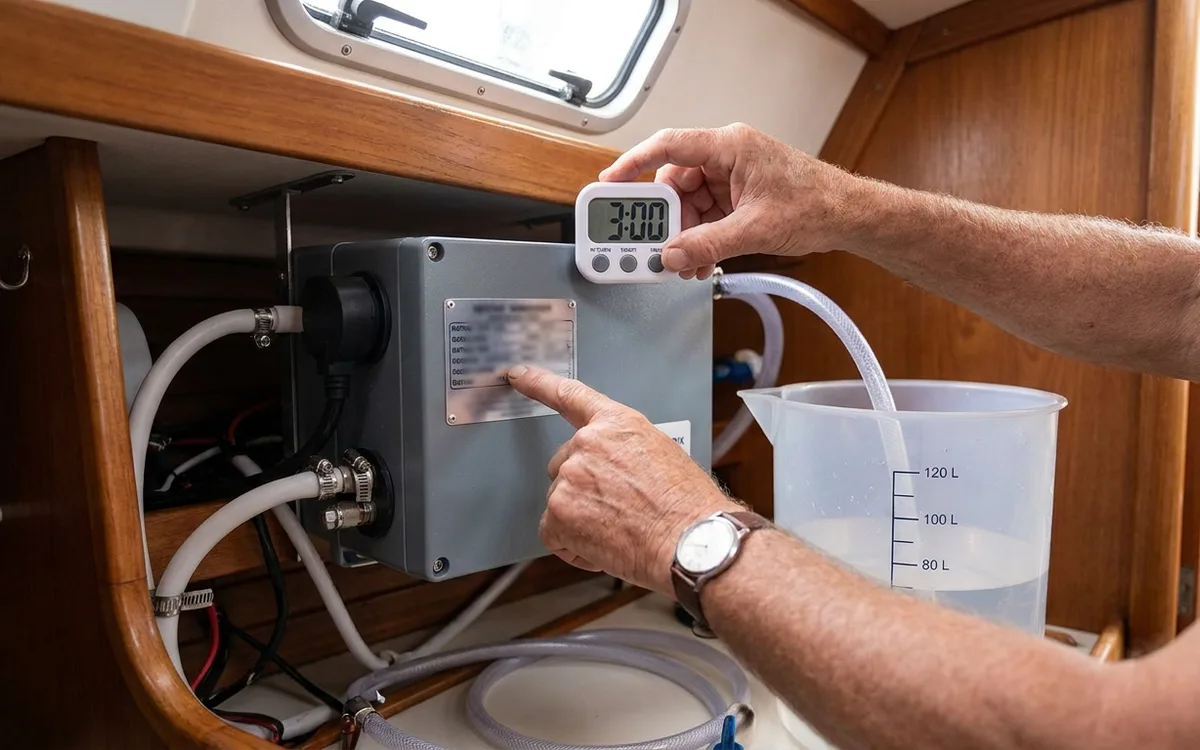 A 60 L/h watermaker fills a vessel to its 120-litre mark beside a three-hour timer.