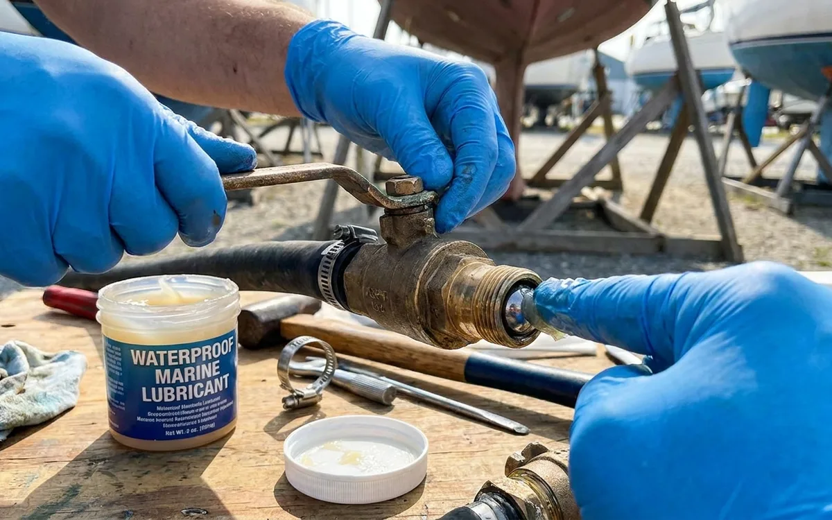 Hands grease the exposed ball of an open brass seacock, then work its handle to spread the lubricant.