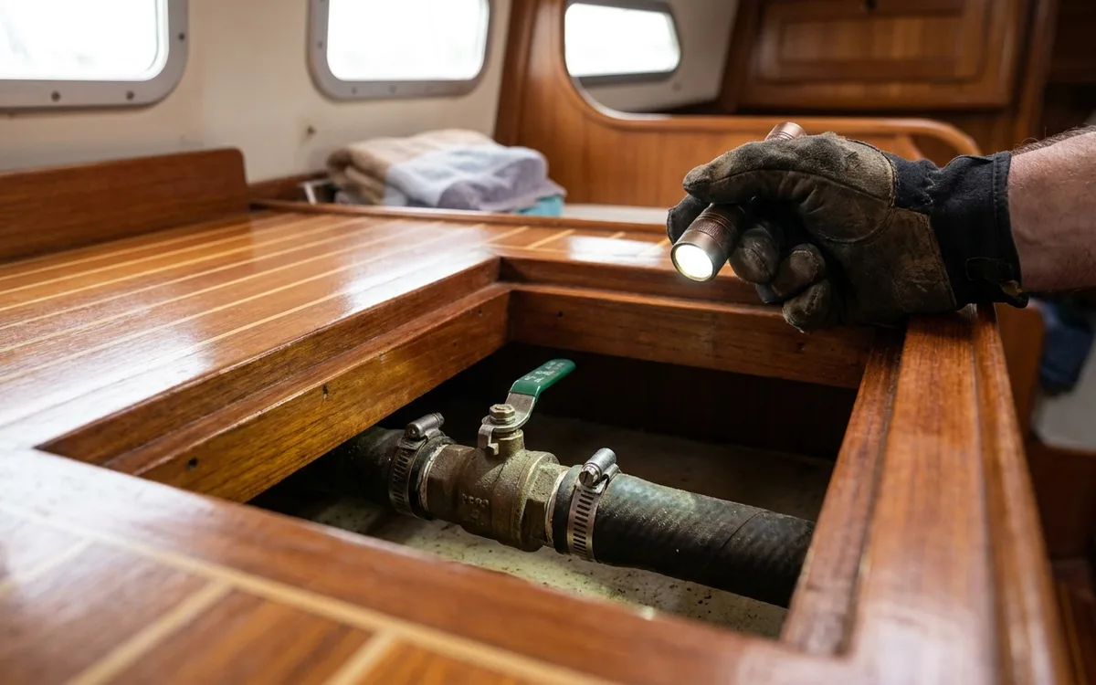 A seacock and twin hose clamps inspected through an open cabin floor hatch beside the heads vanity.